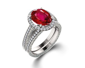 Delicate Micro Pave Halo Fiery Red Ruby and Sparkling Diamond Engagement Rings