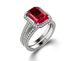 Delicate Micro Pave Halo Fiery Red Ruby and Sparkling Diamond Engagement Rings