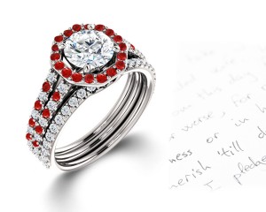 Latest Collection: Delicate Halo Micropave Ruby and Diamond Engagement Rings With Side Accents