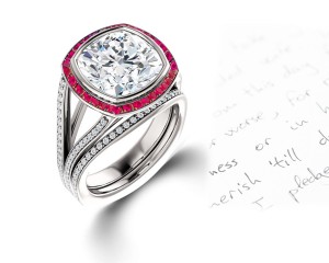 Latest Collection: Delicate Halo Micropave Ruby and Diamond Engagement Rings With Side Accents