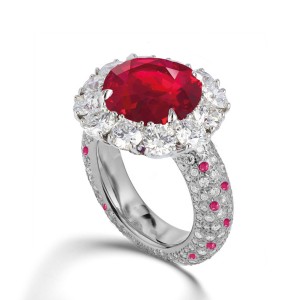 Latest Collection: Delicate Halo Micropave Ruby and Diamond Engagement Rings With Side Accents