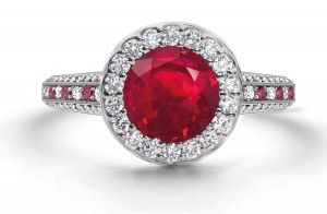 Latest Collection: Delicate Halo Micropave Ruby and Diamond Engagement Rings With Side Accents