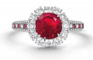 Latest Collection: Delicate Halo Micropave Ruby and Diamond Engagement Rings With Side Accents