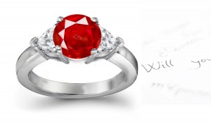 Recently Made: 14k 5 Star 2 Small Side Gemstone Large Round Red Ruby & Heart Diamonds Triple Stone Women White Gold Ring Size 6 7 9 4 3