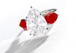 Center Pear-Shaped Diamond & Pear-Shaped Side Rubies Three Stone Engagement Rings