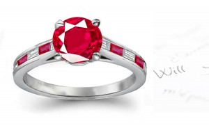 Newest Designs: In 14k White Gold Lighter Hue Extra Bright- Red Ruby & Diamond Ring Highlighted with Diamond & Warm Glowing Rubies