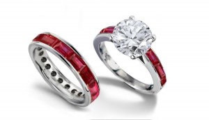 Made To Order: Luscious Round Cut Brilliant Diamond Placed on top of Ruby Baguette Accents Ring + Worn With Matching Band View All