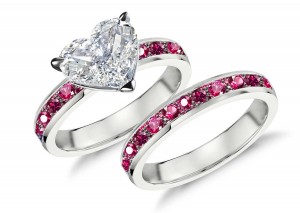 Handcrafted Heart Diamond & Round Rubies Engagement & Wedding Rings Set