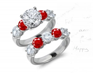July Birthstone Ruby Ring Jewelry: Finely Crafted Brilliant Round Diamond atop Shared Prong Loop with Alternating Diamonds & Boiling Hot Rubies