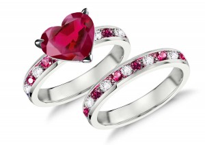 Handcrafted Heart Diamond & Round Rubies Engagement & Wedding Rings Set