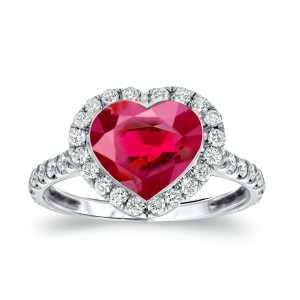 Handcrafted Delicate Heart Ruby & Micro Pave Halo Brilliant Cut Round Diamonds Ring