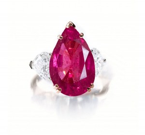 Custom Manufactured Three Stone Ruby & Diamond High Jewelry Ring