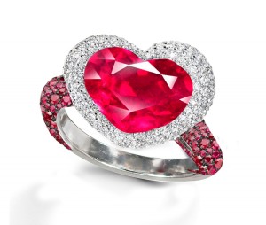 Ring with Heart Ruby & Pave Set Rubies & White Diamonds in Gold or Platinum