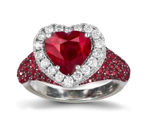 Ring with Heart Ruby & Pave Set Rubies & White Diamonds in Gold or Platinum