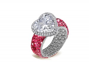 Ring with Heart Diamond & Pave Set Rubies & White Diamonds in Gold or Platinum