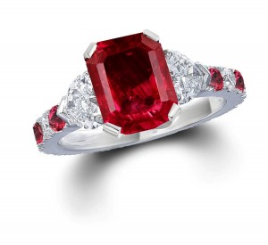 Three Stone Rings Featuring Vivid Red Ruby in Center With Sparkling Diamond Accents