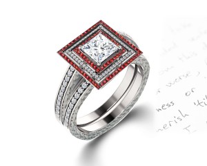 Delicate Micro Pave Halo Fiery Red Ruby and Sparkling Diamond Engagement Rings