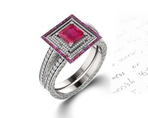 Delicate Micro Pave Halo Fiery Red Ruby and Sparkling Diamond Engagement Rings