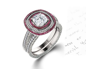 Delicate Micro Pave Halo Fiery Red Ruby and Sparkling Diamond Engagement Rings