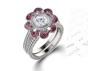 Delicate Micro Pave Halo Flower Ruby and Sparkling Diamond Engagement Rings