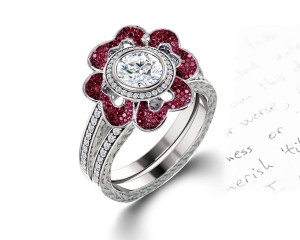 Delicate Micro Pave Halo Flower Ruby and Sparkling Diamond Engagement Rings