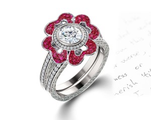 Delicate Micro Pave Halo Flower Ruby and Sparkling Diamond Engagement Rings