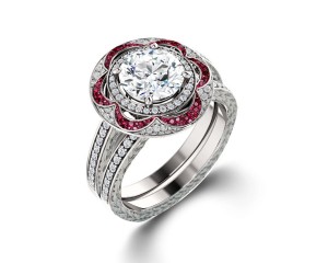 Delicate Micro Pave Halo Flower Ruby and Sparkling Diamond Engagement Rings