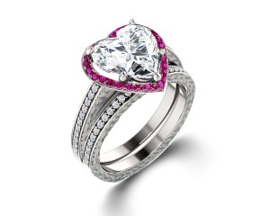 Delicate Micro Pave Halo Heart Red Ruby and Sparkling Diamond Engagement Rings