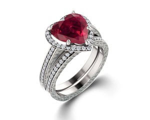 Delicate Micro Pave Halo Heart Red Ruby and Sparkling Diamond Engagement Rings