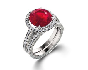 Delicate Micro Pave Halo Fiery Red Ruby and Sparkling Diamond Engagement Rings