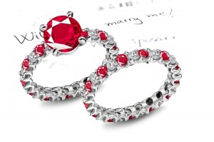 Great Striking Examples: Bezel Set 1.0 Round Ruby atop Pave Set Ruby & Diamond Ring & Rich Ladies Jewelry Band