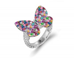 Delicate French Micro Pave Butterfly Rings Collection Featuring Vibrant Rainbow Colored Sapphires & Diamonds