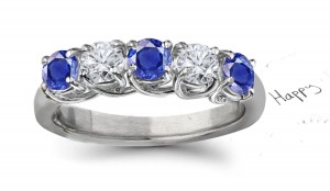 5 Stone Blue Sapphire & Diamond Crossover Ring in Platinum